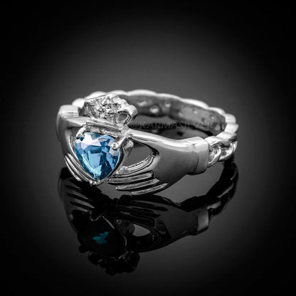 Silver Claddagh Ring - Aquamarine CZ Birthstone Ring - Celtic Band Claddagh Ring Karma Blingz