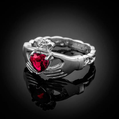 Silver Claddagh Ring - Ruby Red CZ Birthstone Ring - Celtic Band Irish Claddagh Ring Karma Blingz