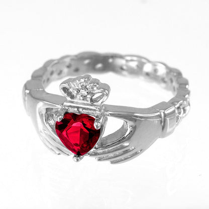 Silver Claddagh Ring - Ruby Red CZ Birthstone Ring - Celtic Band Irish Claddagh Ring Karma Blingz