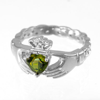 Silver Claddagh Ring - Peridot CZ Birthstone Ring - Celtic Band Irish Claddagh Ring Karma Blingz