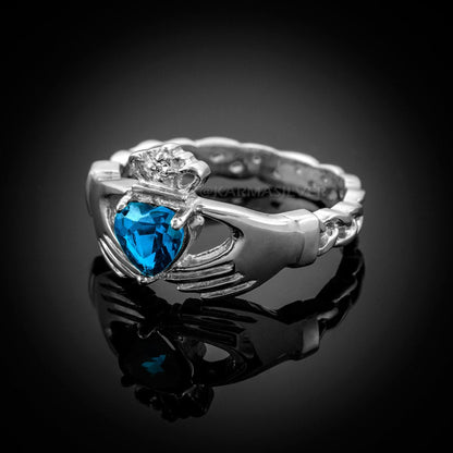 Silver Claddagh Ring - Blue Topaz CZ Birthstone Ring - Celtic Band Irish Claddagh Ring Karma Blingz