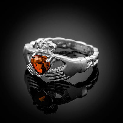 Silver Claddagh Ring - Garnet CZ Birthstone Ring - Celtic Band Claddagh Ring Karma Blingz