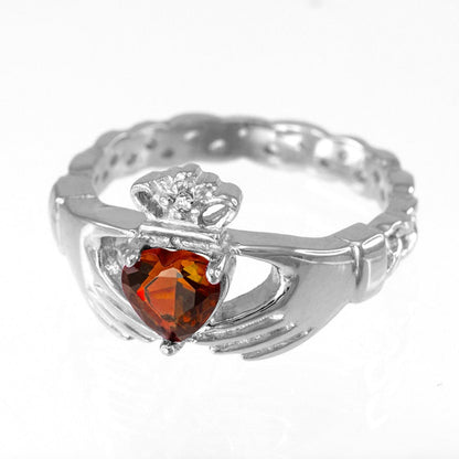 Silver Claddagh Ring - Garnet CZ Birthstone Ring - Celtic Band Claddagh Ring Karma Blingz