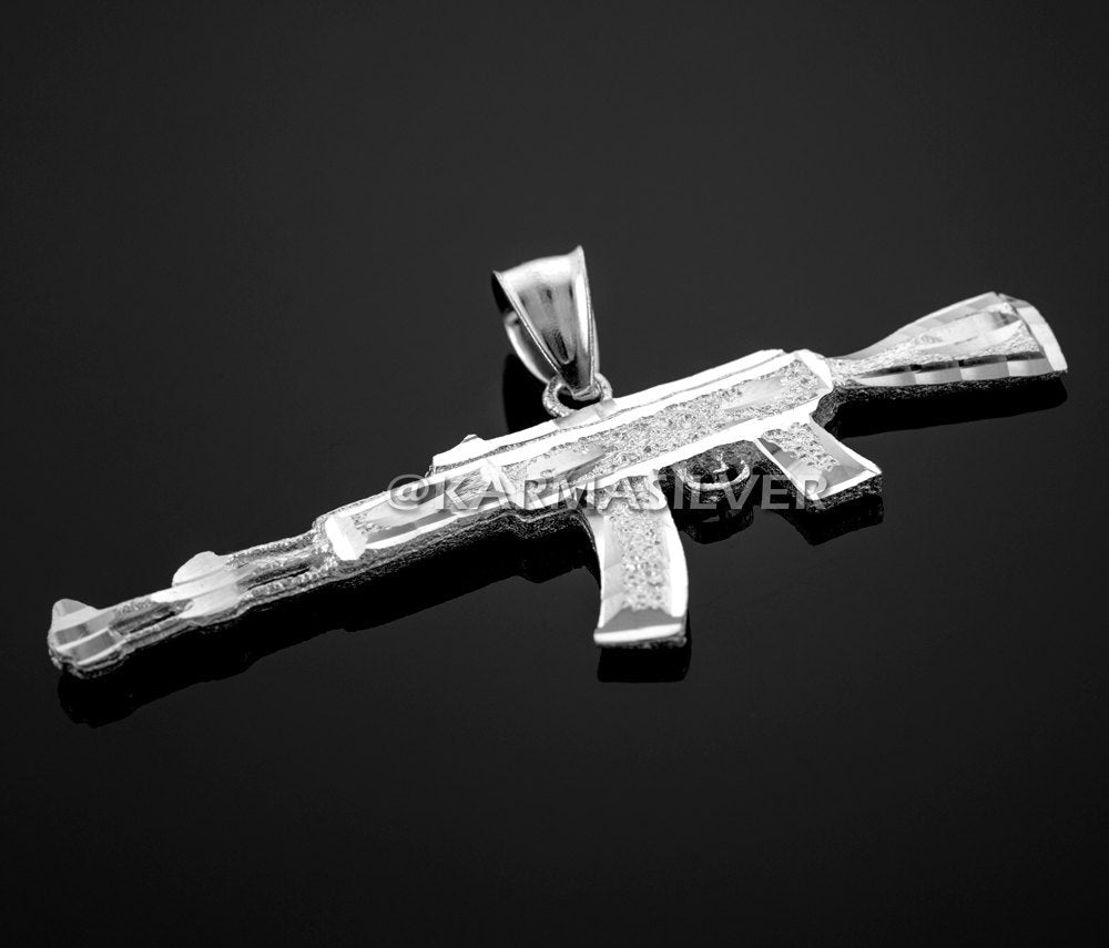 Sterling Silver AK-47 Rifle Gun Pendant - AK47 Silver Pendant Karma Blingz