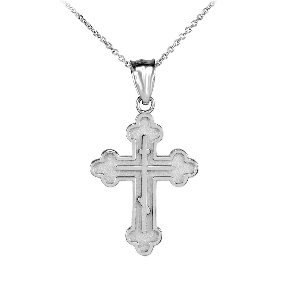 White Gold Russian Eastern Orthodox Cross Charm Pendant Necklace Karma Blingz