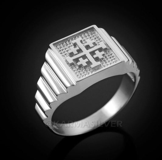 Sterling Silver Jerusalem Cross Mens Square Ring Karma Blingz