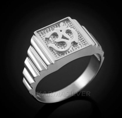 Silver Om Ring 925 Sterling Silver Mens Square Om Ring Karma Blingz