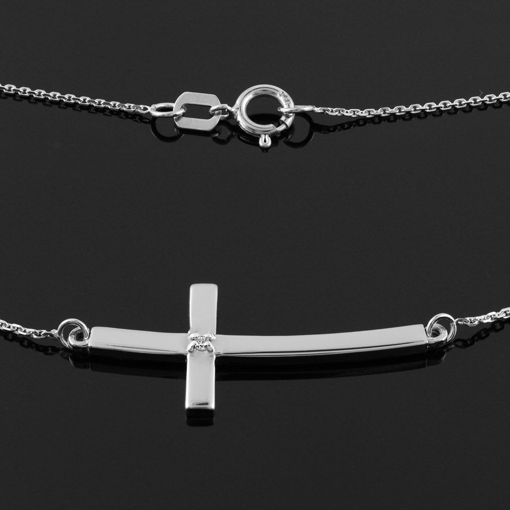 Solid Sterling Silver Sideways Curved Diamond Cross Necklace Karma Blingz