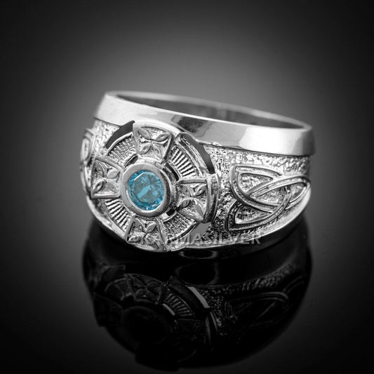 Silver Celtic Ring .925 Sterling Silver Aquamarine CZ Mens Celtic Ring Karma Blingz