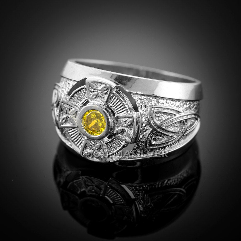 Silver Celtic Ring .925 Sterling Silver Citrine Yellow CZ Mens Celtic Ring Karma Blingz