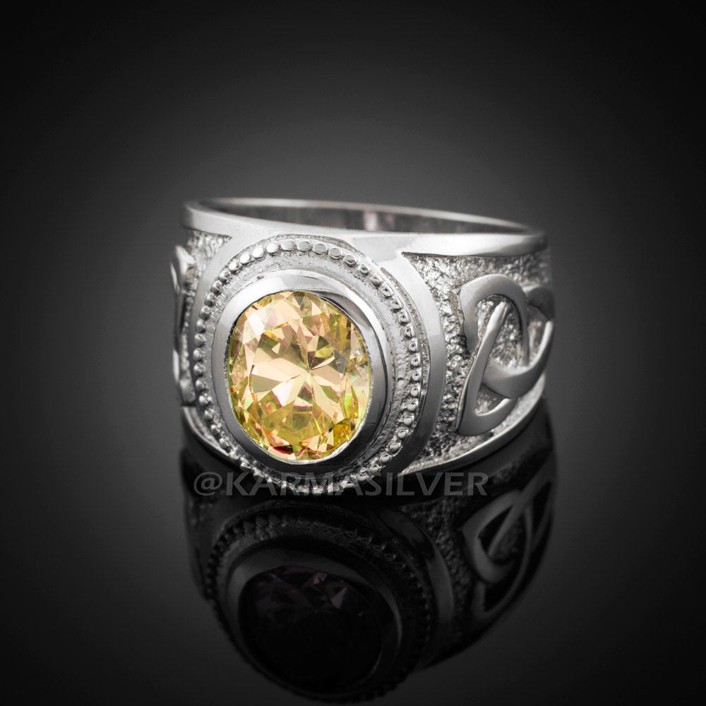 Silver Celtic Ring 925 Sterling Silver Citrine Yellow CZ Mens Celtic Ring Karma Blingz