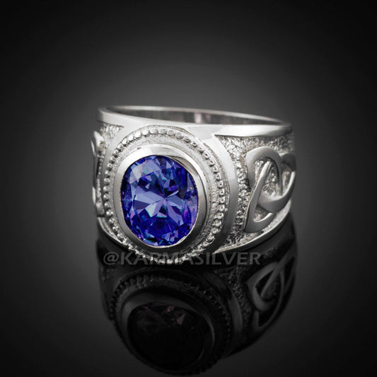 Silver Celtic Ring 925 Sterling Silver Sapphire Blue CZ Mens Celtic Ring Karma Blingz