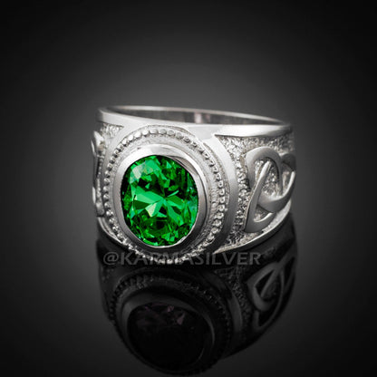 Silver Celtic Ring 925 Sterling Silver Emerald Green CZ Mens Celtic Ring Karma Blingz