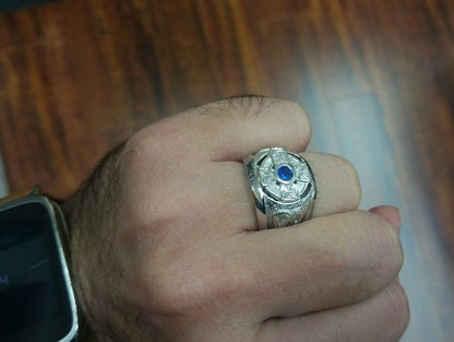 Sterling Silver Blue CZ Mens Celtic Statement Ring Karma Blingz