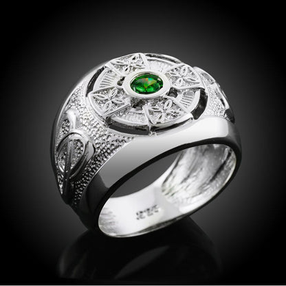 Sterling Silver Green CZ Mens Celtic Statement Ring Karma Blingz