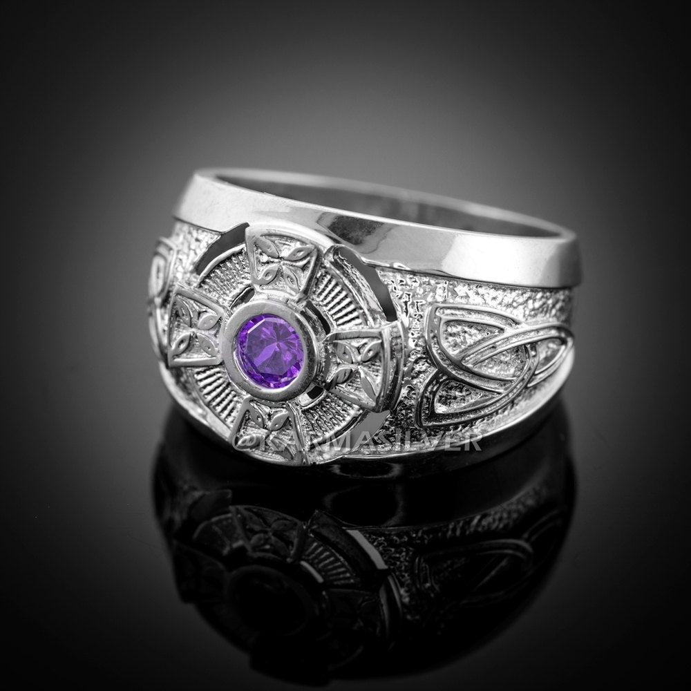Silver Celtic Ring .925 Sterling Silver Amethyst Purple CZ Mens Celtic Ring Karma Blingz