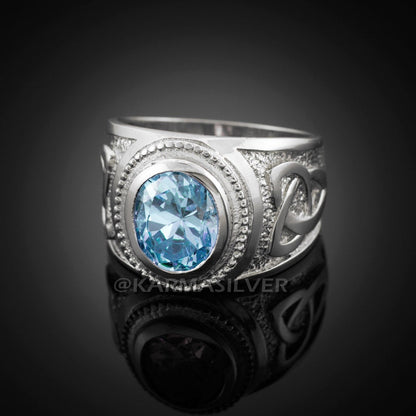 Silver Celtic Ring 925 Sterling Silver Aquamarine CZ Mens Celtic Ring Karma Blingz