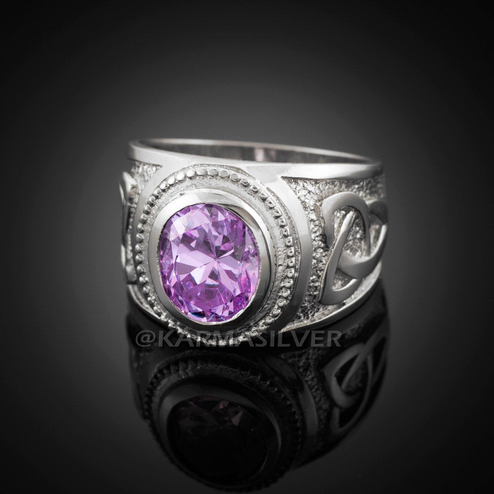 Silver Celtic Ring 925 Sterling Silver Amethyst Purple CZ Mens Celtic Ring Karma Blingz
