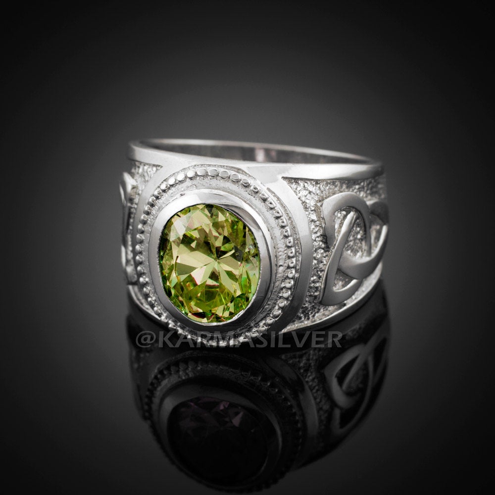 Silver Celtic Ring 925 Sterling Silver Peridot Green CZ Mens Celtic Ring Karma Blingz