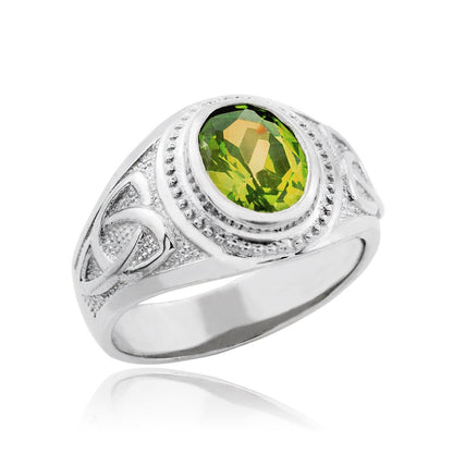 Silver Celtic Ring 925 Sterling Silver Peridot Green CZ Mens Celtic Ring Karma Blingz