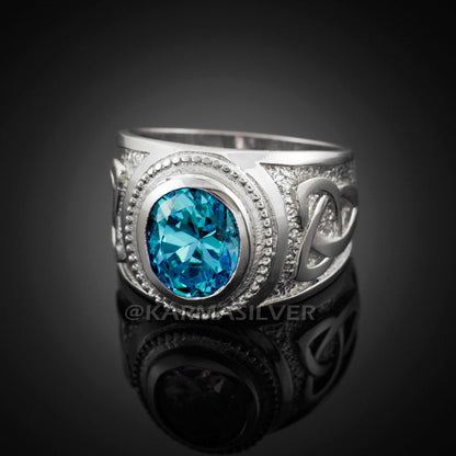Silver Celtic Ring 925 Sterling Silver Blue Topaz CZ Mens Celtic Ring Karma Blingz