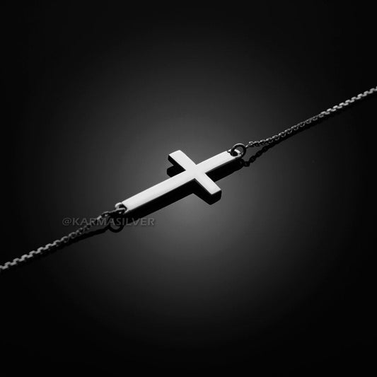 Silver Cross Bracelet .925 Sterling Silver Small Sideways Cross Bracelet Karma Blingz