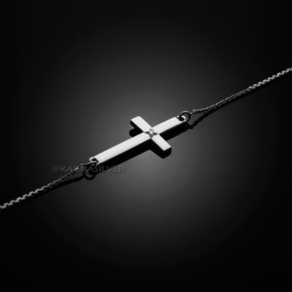 Silver Diamond Cross Bracelet .925 Sterling Silver Small Sideways Cross Diamond Bracelet Karma Blingz