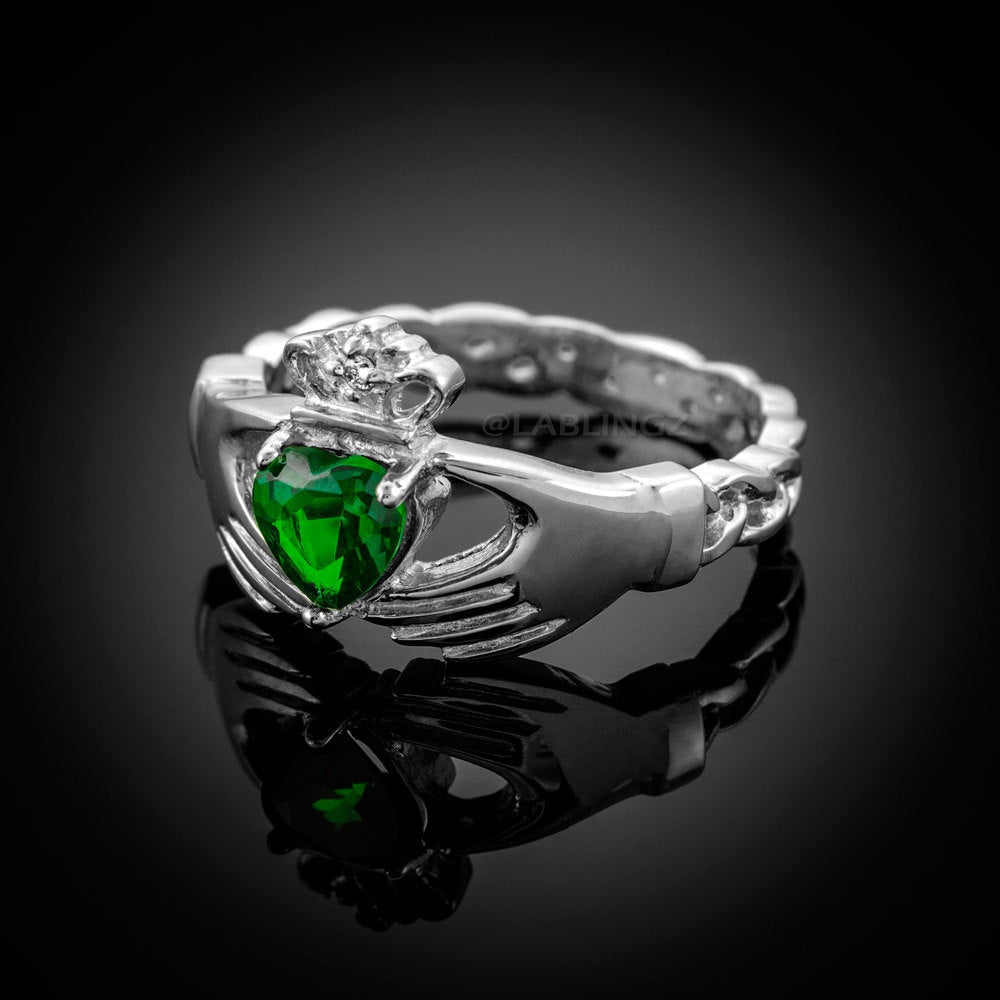 White Gold Irish Claddagh Ring - Emerald Green CZ Heart Birthstone Diamond Ring - Celtic Band Claddagh Ring Karma Blingz