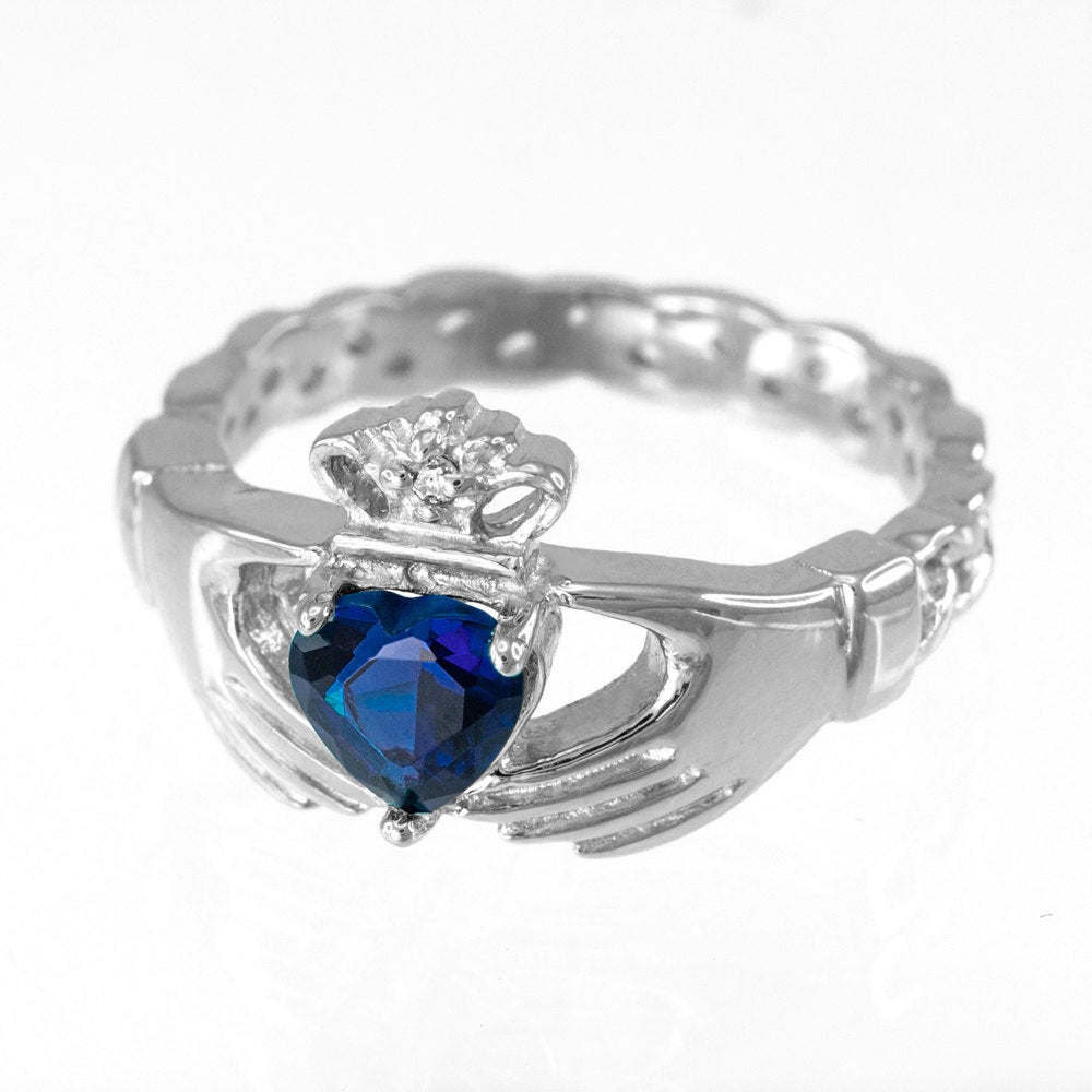White Gold Irish Claddagh Ring - Blue Sapphire CZ Birthstone Diamond Ring - Celtic Band Claddagh Ring Karma Blingz