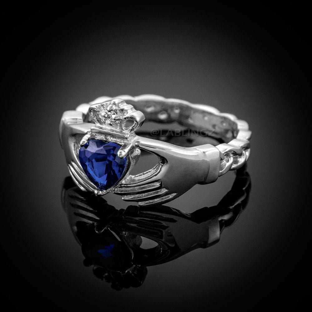 White Gold Irish Claddagh Ring - Blue Sapphire CZ Birthstone Diamond Ring - Celtic Band Claddagh Ring Karma Blingz