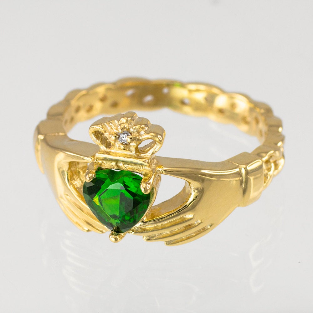 Gold Claddagh Ring - Emerald Green CZ Heart Birthstone Diamond Ring - Celtic Band Claddagh Ring Karma Blingz