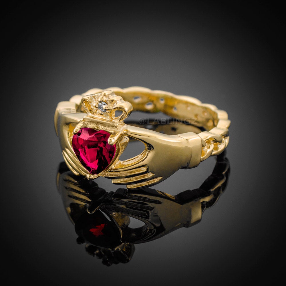Gold Claddagh Ring - Ruby Red CZ Birthstone Diamond Ring - Celtic Band Claddagh Ring Karma Blingz