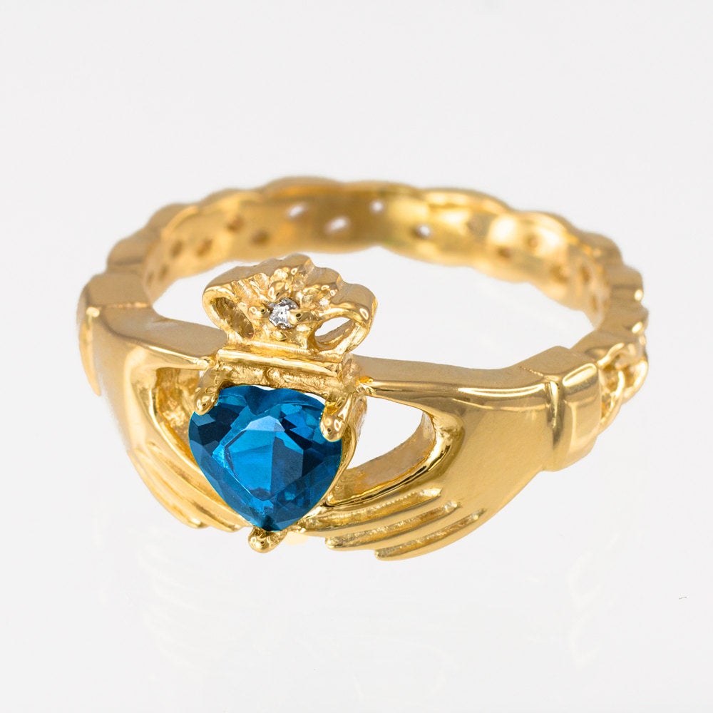 Gold Claddagh Ring - Blue Topaz CZ Birthstone Diamond Ring - Celtic Band Claddagh Ring Karma Blingz