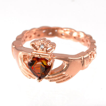 Rose Gold Claddagh Ring - Garnet CZ Birthstone Diamond Ring - Celtic Band Gold Claddagh Ring Karma Blingz