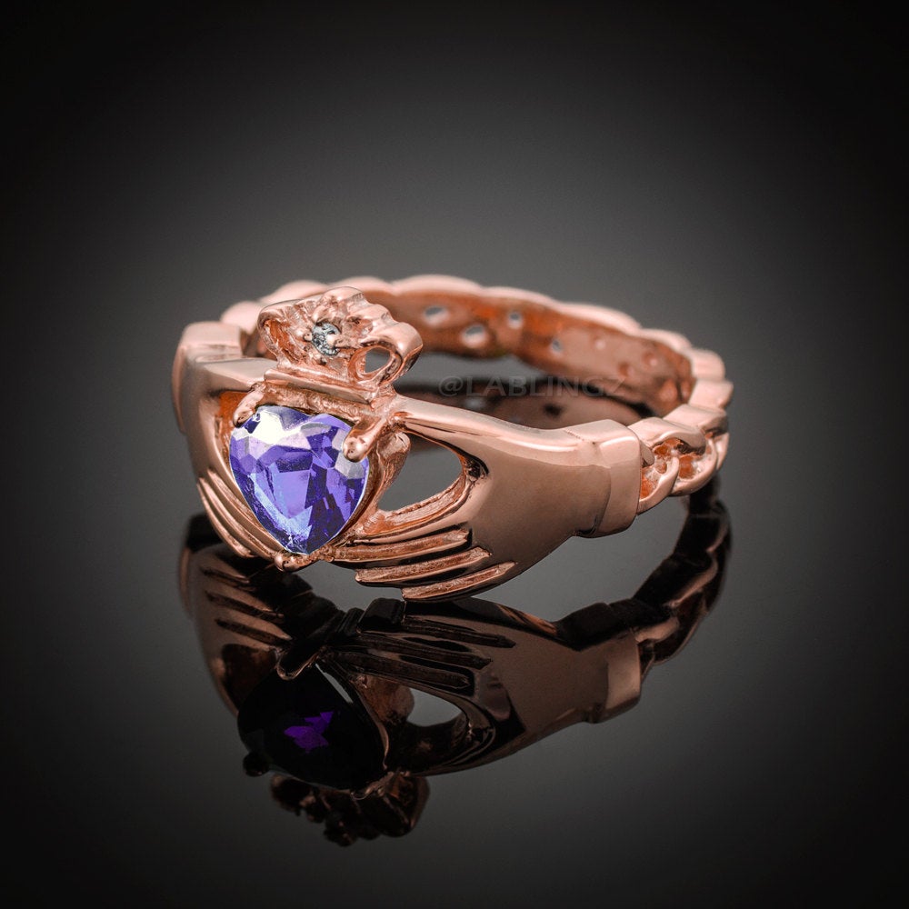Rose Gold Irish Claddagh Ring - Amethyst Purple CZ Birthstone Diamond Ring - Celtic Band Claddagh Ring Karma Blingz