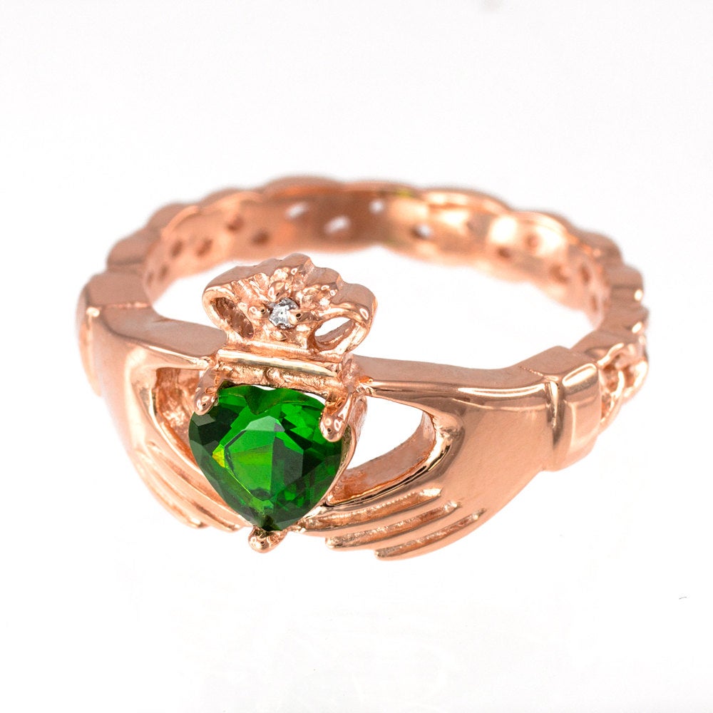 Rose Gold Claddagh Ring - Emerald Green CZ Heart Birthstone Diamond Ring - Celtic Band Claddagh Ring Karma Blingz