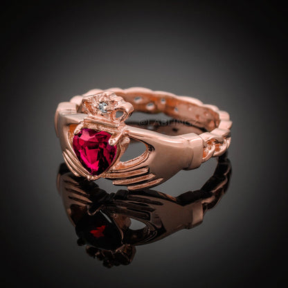 Rose Gold Claddagh Ring - Ruby Red CZ Birthstone Diamond Ring - Celtic Band Claddagh Ring Karma Blingz
