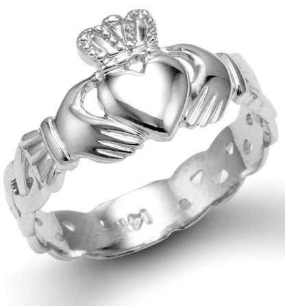 Ladies White Gold Celtic Band Irish Claddagh Ring Karma Blingz