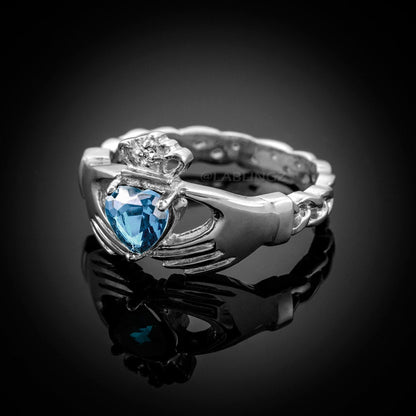 White Gold Irish Claddagh Ring - Aquamarine CZ Birthstone Diamond Ring - Celtic Band Claddagh Ring Karma Blingz