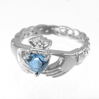 White Gold Irish Claddagh Ring - Aquamarine CZ Birthstone Diamond Ring - Celtic Band Claddagh Ring Karma Blingz