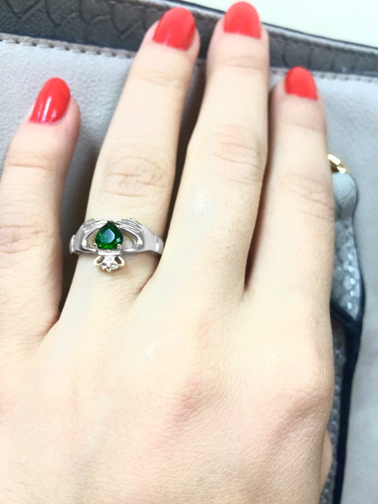 White Gold Irish Claddagh Ring - Emerald Green CZ Heart Birthstone Diamond Ring - Celtic Band Claddagh Ring Karma Blingz