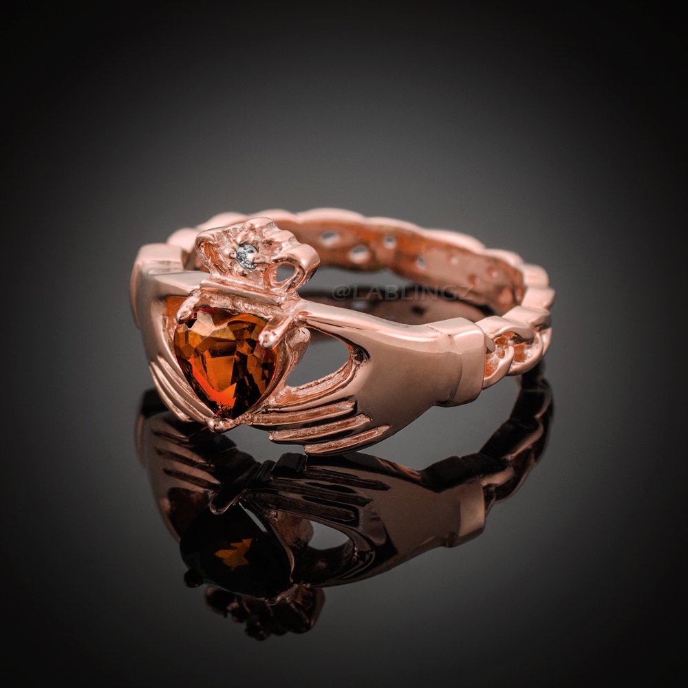 Rose Gold Claddagh Ring - Garnet CZ Birthstone Diamond Ring - Celtic Band Gold Claddagh Ring Karma Blingz