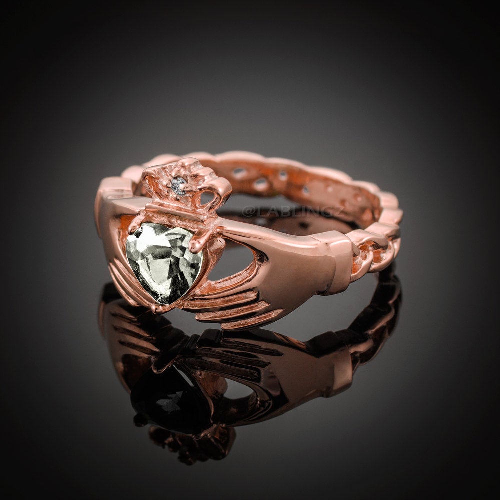 Rose Gold Irish Claddagh Ring - Clear CZ Heart Birthstone Diamond Ring - Celtic Band Claddagh Ring Karma Blingz