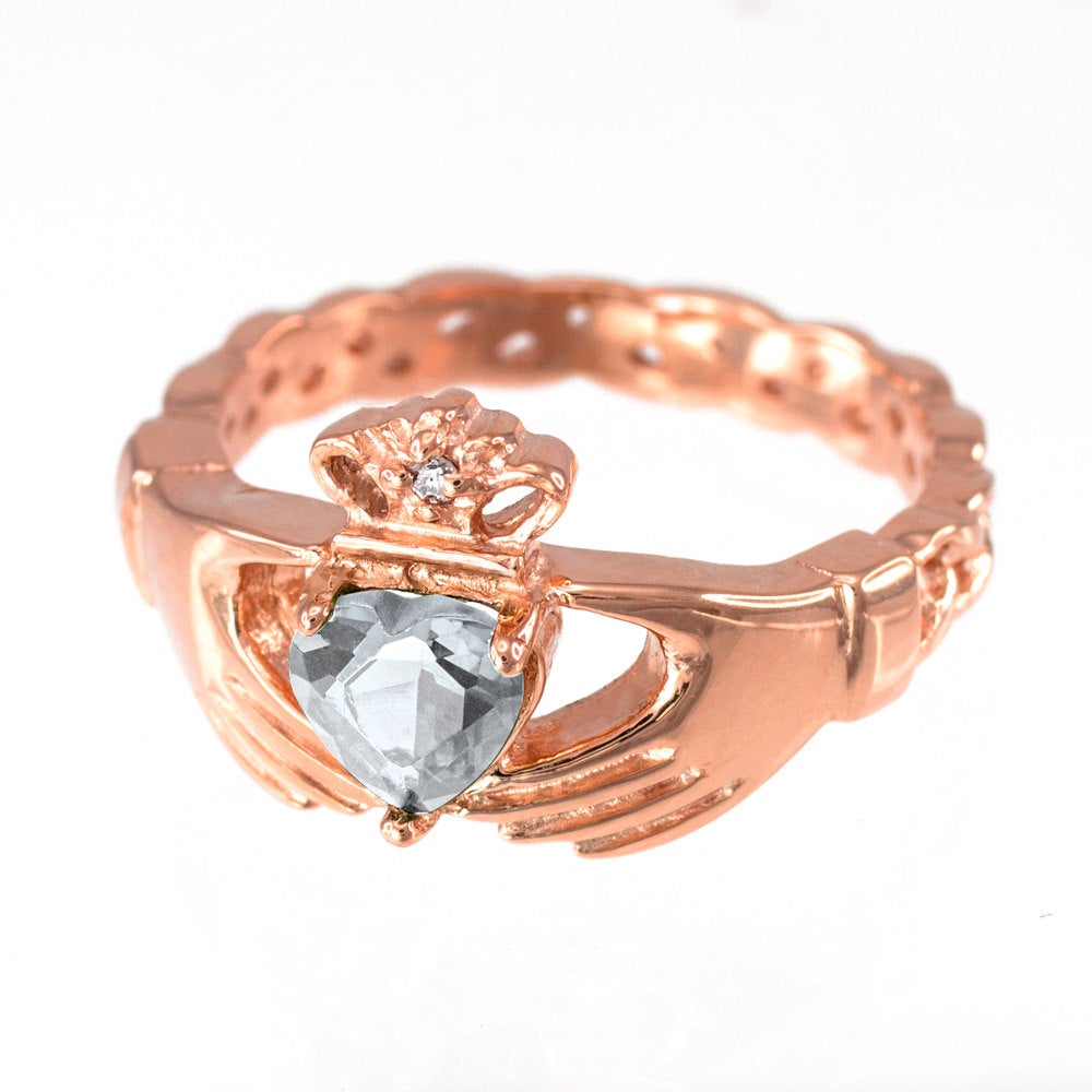 Rose Gold Irish Claddagh Ring - Clear CZ Heart Birthstone Diamond Ring - Celtic Band Claddagh Ring Karma Blingz