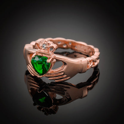 Rose Gold Claddagh Ring - Emerald Green CZ Heart Birthstone Diamond Ring - Celtic Band Claddagh Ring Karma Blingz