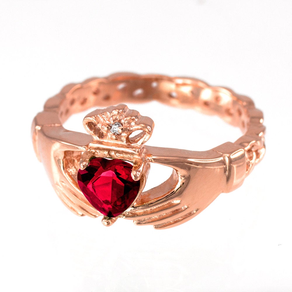 Rose Gold Claddagh Ring - Ruby Red CZ Birthstone Diamond Ring - Celtic Band Claddagh Ring Karma Blingz