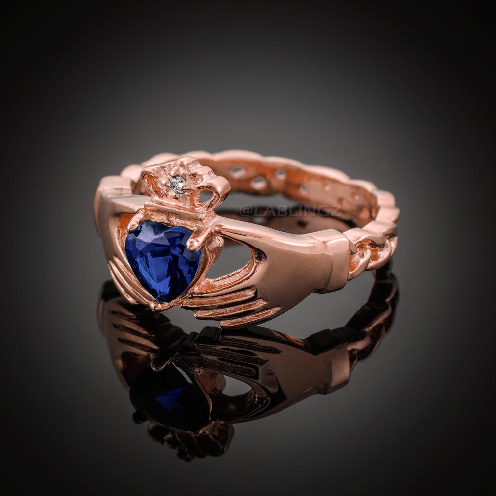 Rose Gold Claddagh Ring - Blue Sapphire CZ Birthstone Diamond Ring - Celtic Band Claddagh Ring Karma Blingz