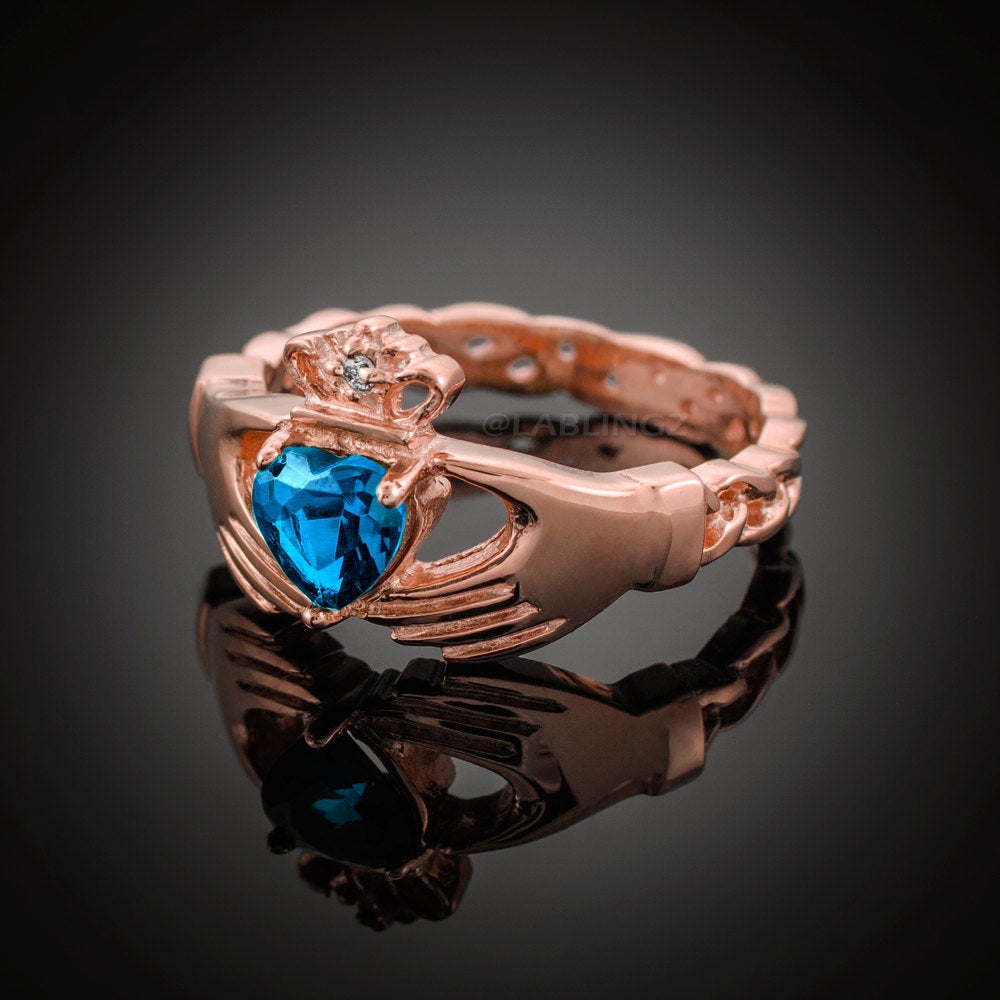 Rose Gold Claddagh Ring - Blue Topaz CZ Birthstone Diamond Ring - Celtic Band Claddagh Ring Karma Blingz