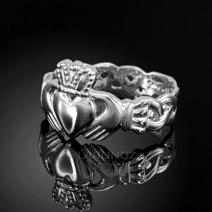 Ladies White Gold Celtic Band Irish Claddagh Ring Karma Blingz