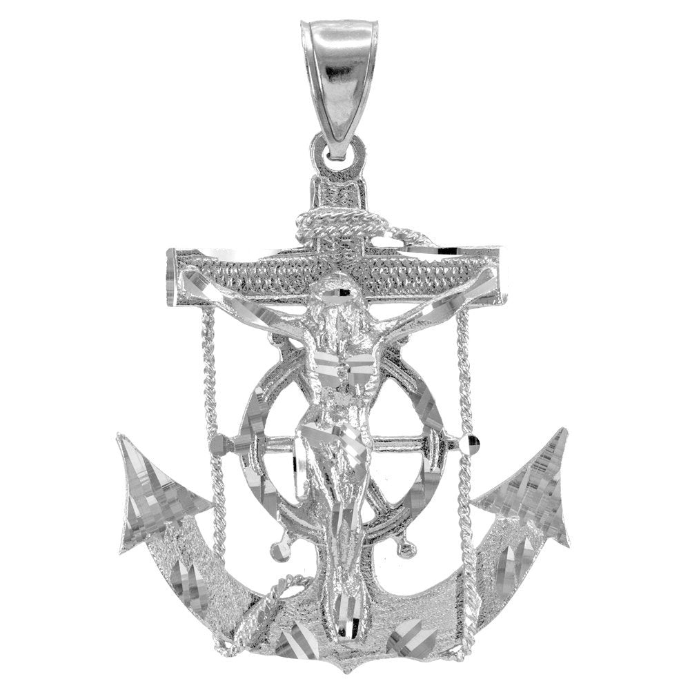 925 Sterling Silver Mariner Crucifix Anchor Mens Cross Pendant (L) Karma Blingz
